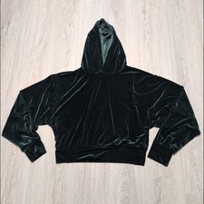 Express Green Velvet Banded Bottom Cropped Hoodie Womens L Pullover Sweatshirt