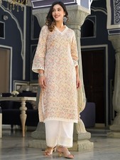 Indian Women BEAUTIFUL Off White COTTON Floral Print Kurta Kurti Top Tunic Dress