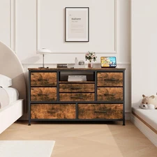 8 Drawer Dresser 55" TV Stand with Power Outlet Chest of Drawers Storage Brown