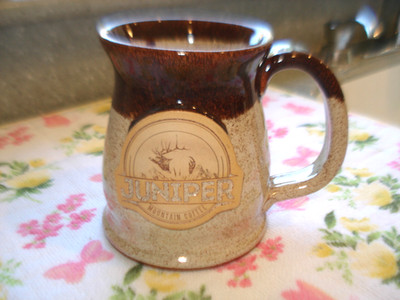 SUNSET HILL. ''JUNIPER MNT COFFEE'' MUG. SAND GLAZE. Brown Rim 18oz. 2025