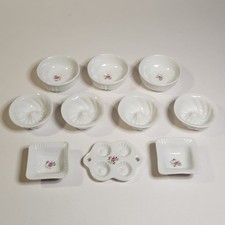 10 Pc Lot Vintage Mini Porcelain Doll Bakeware and Bowls - White w/ Pink Rose
