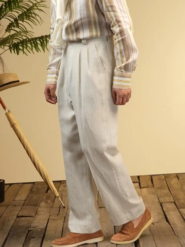 Italian Style Men's Naples Lyocell Linen Straight High Waist Pleated Dress Pants