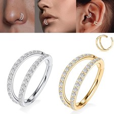 Zircon Double Hoop Nose Ring Hinged Clicker Helix Tragus Lip Piercing Jewelry