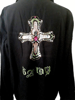 Y2K Gaudy Couture Jacket 1X Black Cotton Sequin Embroidered Boho Artwear Buttons