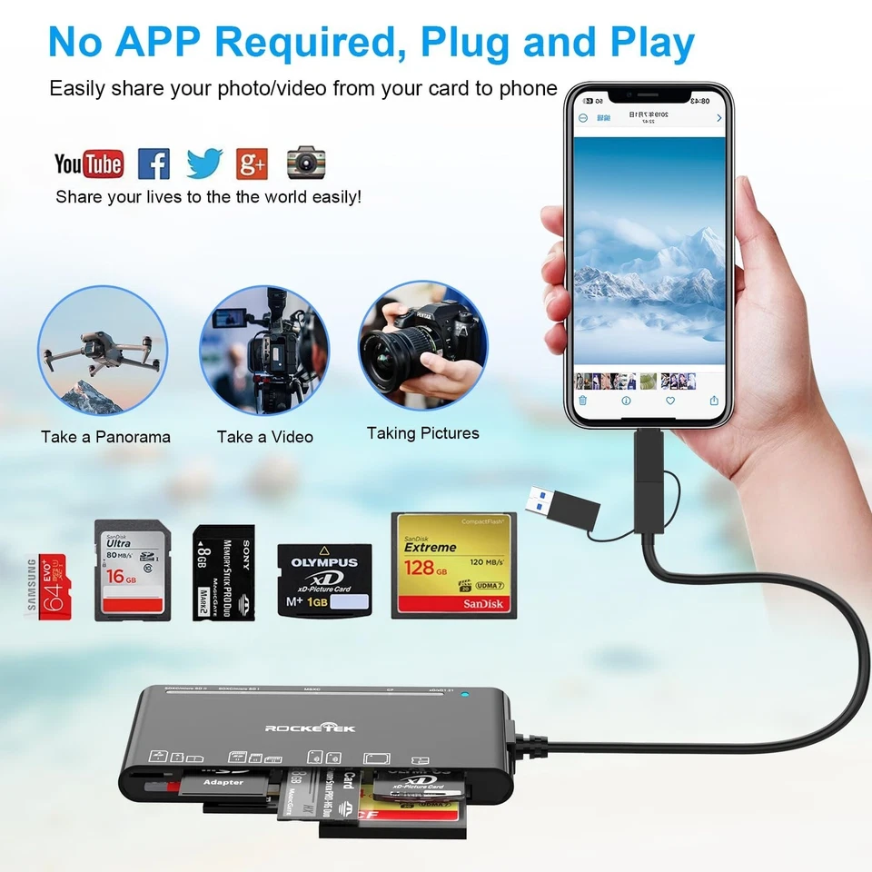 Lecteur de cartes multiples Rocketek 7 en 1 USB-C Lightning SD CF - Photo 4/4