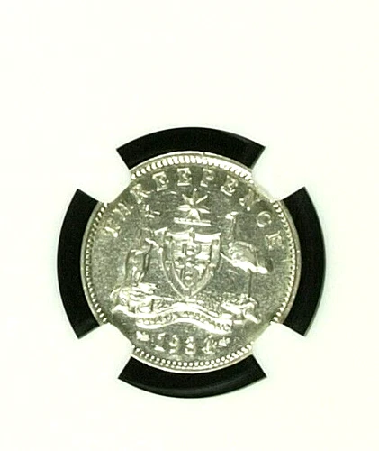 AUSTRALIA NGC GRADED  1934/3 OVERDATE THREEPENCE 3p  AU58 RARE THIS HIGH GRADE