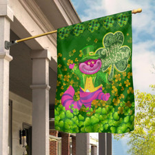 Cheshire Cat Happy St Patrick's Day Shamrock Clovers Lucky Vibes GOC HOUSE FLAG
