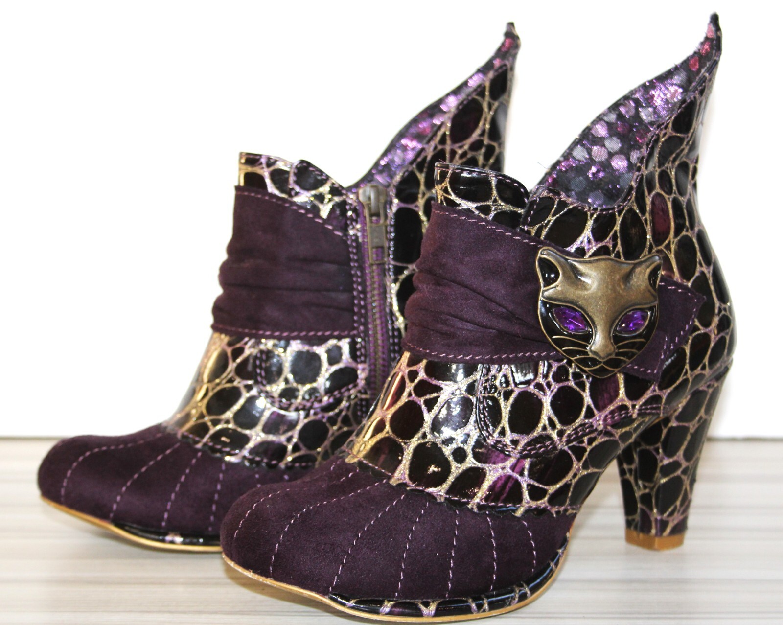 IRREGULAR CHOICE Miaow Purple & Gold Cat face ankle Boots UK 3 EU 36 Boxed eBay