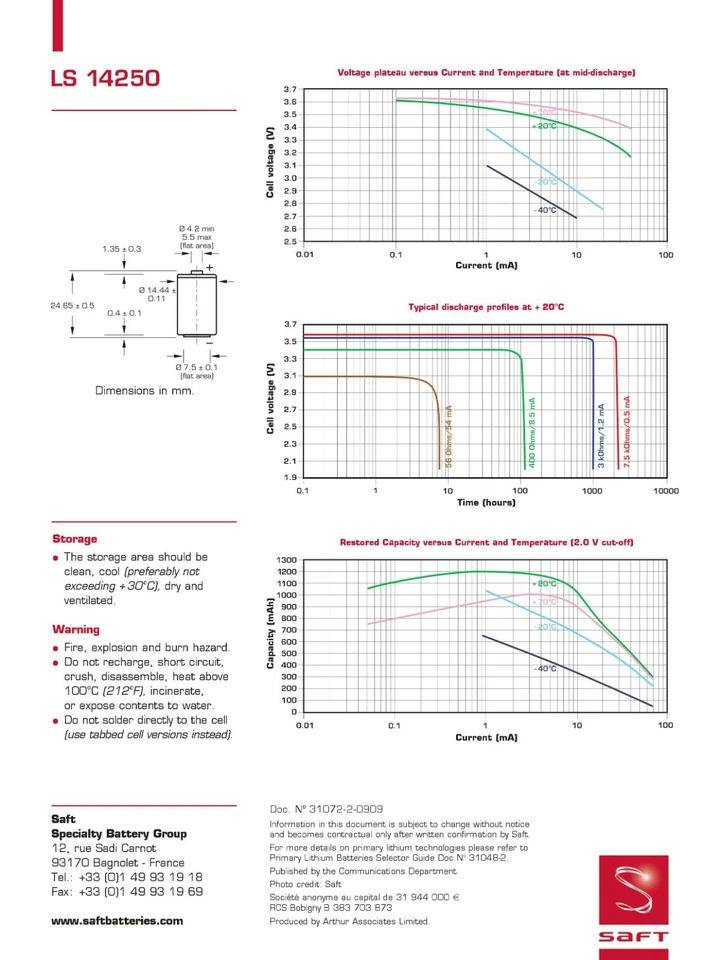 SAFT Lithium Batterie ½ AA LS14250СNA 3,6V 1,2 Ah  Axialdrahtausgänge - Bild 3 von 4