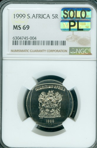 1999 SOUTH AFRICA 5 RAND NGC MS69 MAC SOLO PL FINEST GRADE & SPOTLESS RARE *