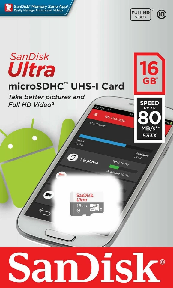 Sandisk Micro SD Card 16GB Ultra Class 10 TF Flash Memory Fast Phone Camera OEM - Image 2 of 2