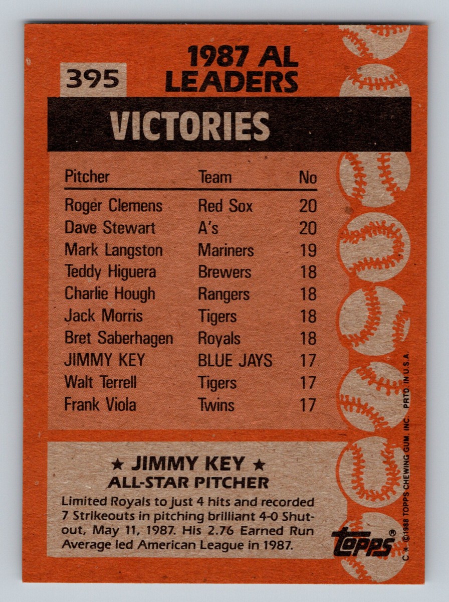 1987 Topps All Stars AL Leaders #395 Jimmy Key MLB Baseball Card