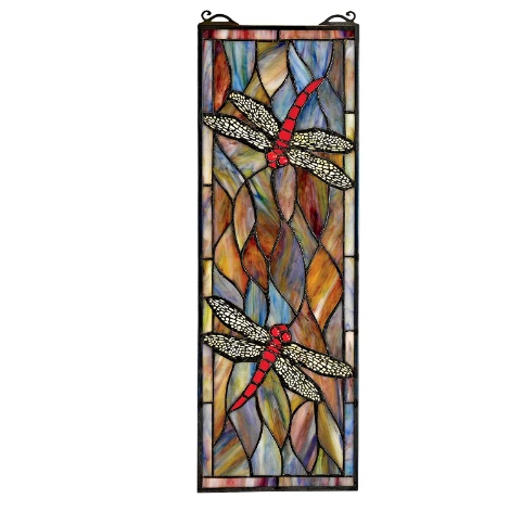 Tall Narrow Tiffany Style Dragonfly Stained Glass Window Panel Suncatcher 21.5