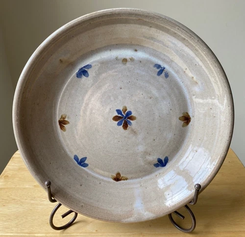JUGTOWN POTTERY 10.75" Blue Brown Floral Clay Pie Plate - North Carolina - VGUC