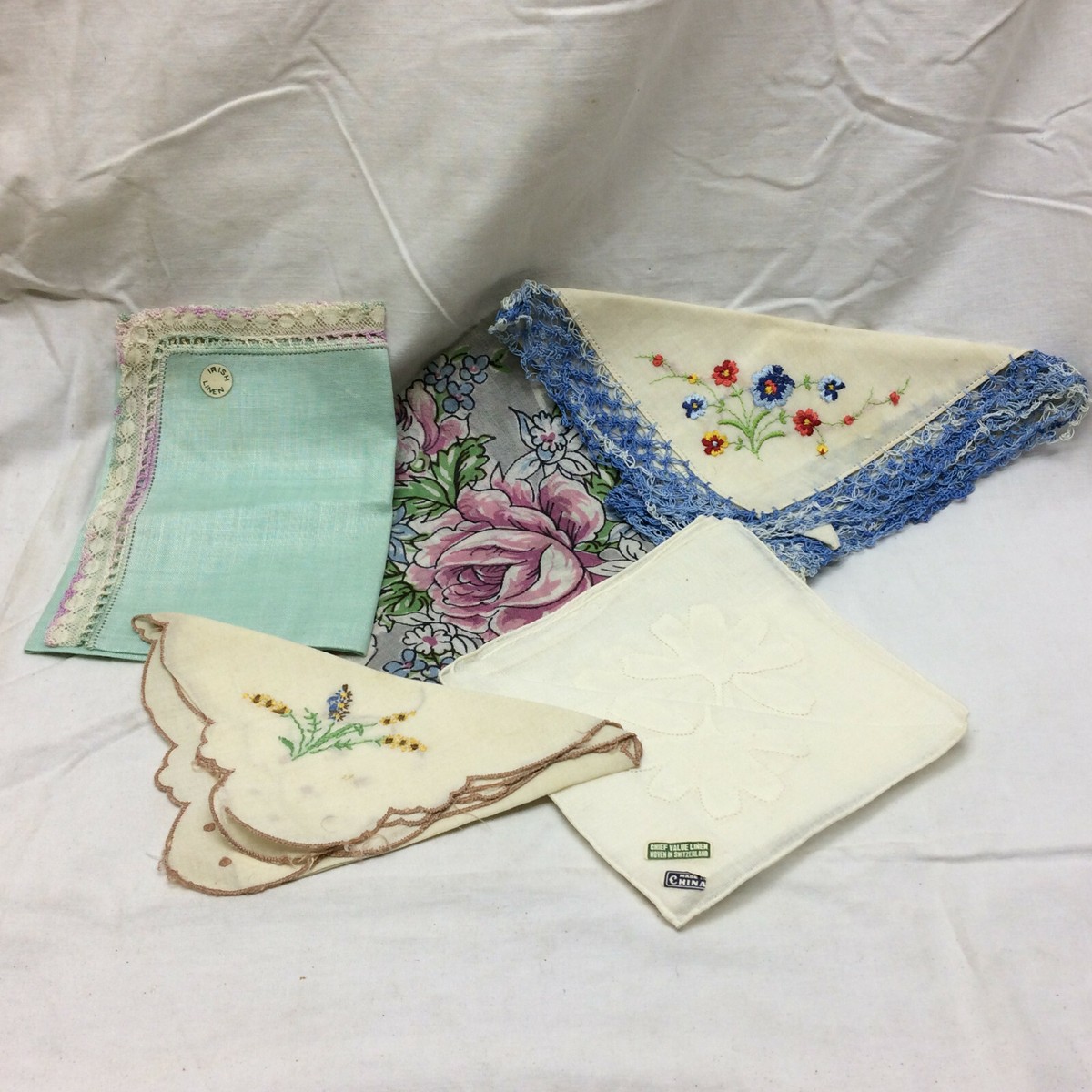 Vintage Ladies Handkerchiefs Flowers Irish Linen Embroidery Hankie