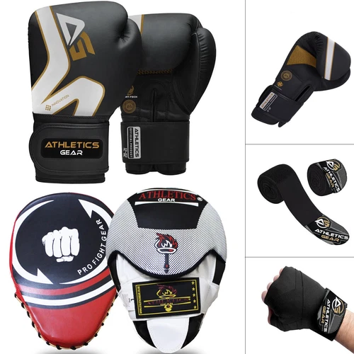 BOXING GLOVES AND PADS SET Focus Punching MMA Mitts Training Sparring Hook & Jab