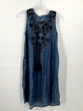 Soft Surroundings Dress Women XS Blue Floral Embroidery Pockets Tassels Denim