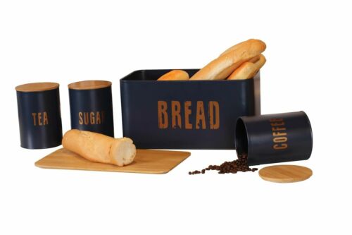 Bread Bin Cutting Chopping Board Storage  Tea Coffee Sugar Bamboo 4pcs BLUE5063 - Afbeelding 1 van 1