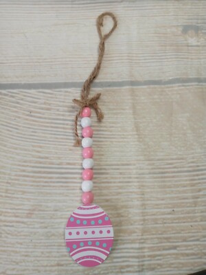 New! Pink Spring Easter Egg Small Wood Bead Garland Tier Tray Farmhouse Decor 
