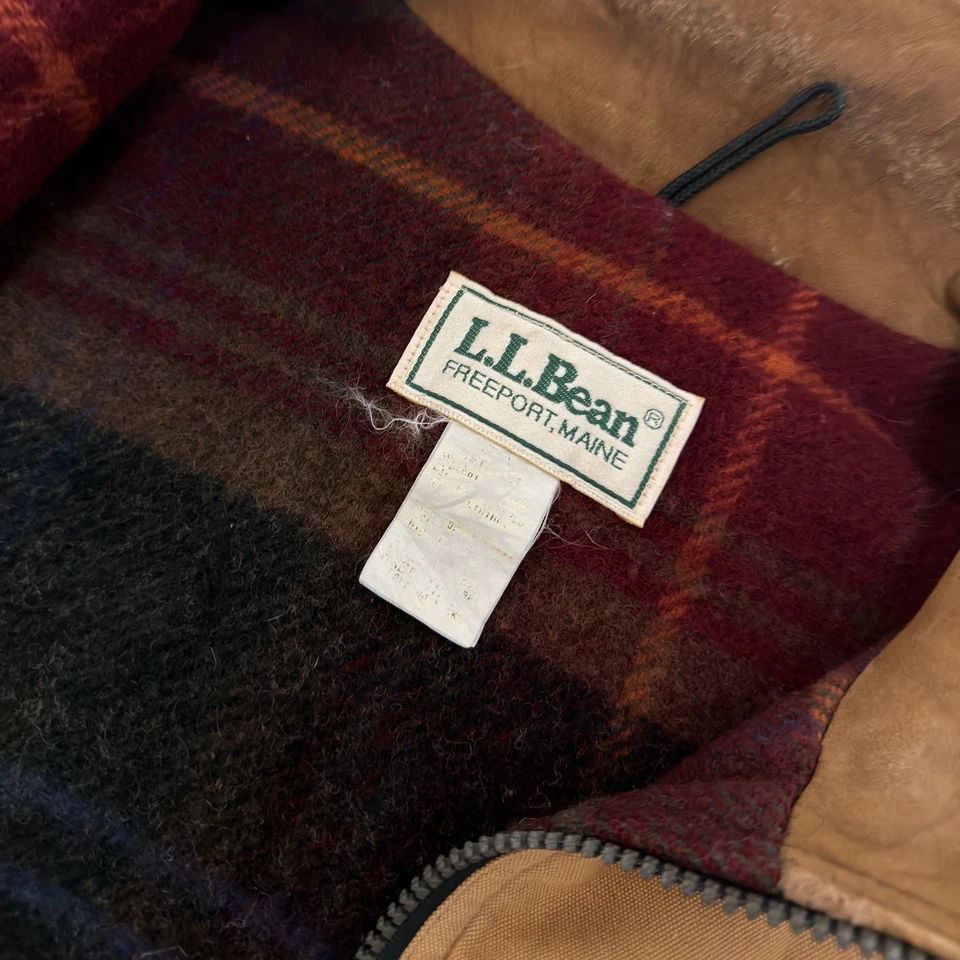 VINTAGE LL BEAN Canvas Wool Blanket Lined Leather Collar Bomber Jacket M READ - Image 3 of 4