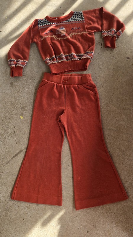 Rare Vintage Girls Bell Bottoms Pants and Sweater Set Owl Adorable Sz 6X