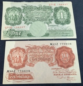 Vintage Bank Of England 10 Shillings, One Pound AU CU Notes