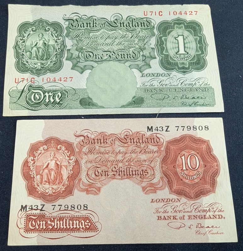 Vintage Bank Of England 10 Shillings, One Pound AU CU Notes
