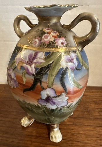 Morimura Brothers Nippon Vase 4 Lion Paws Feet Floral And Scenic Square Rim EUC - Picture 3 of 10