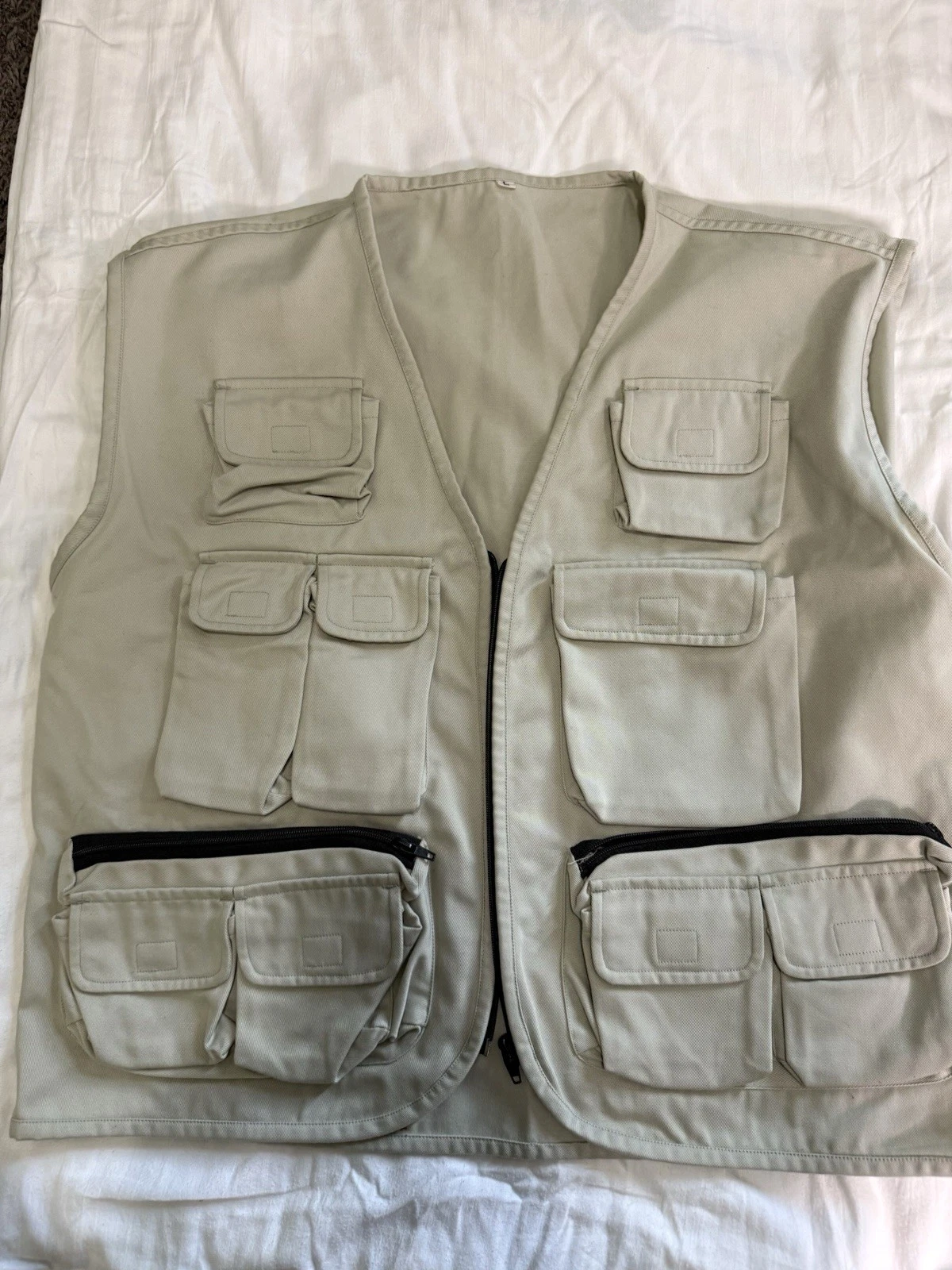 Khaki Fishing Vest Multi Pocket Zip Front Utility Outdoor Hiking Vest L