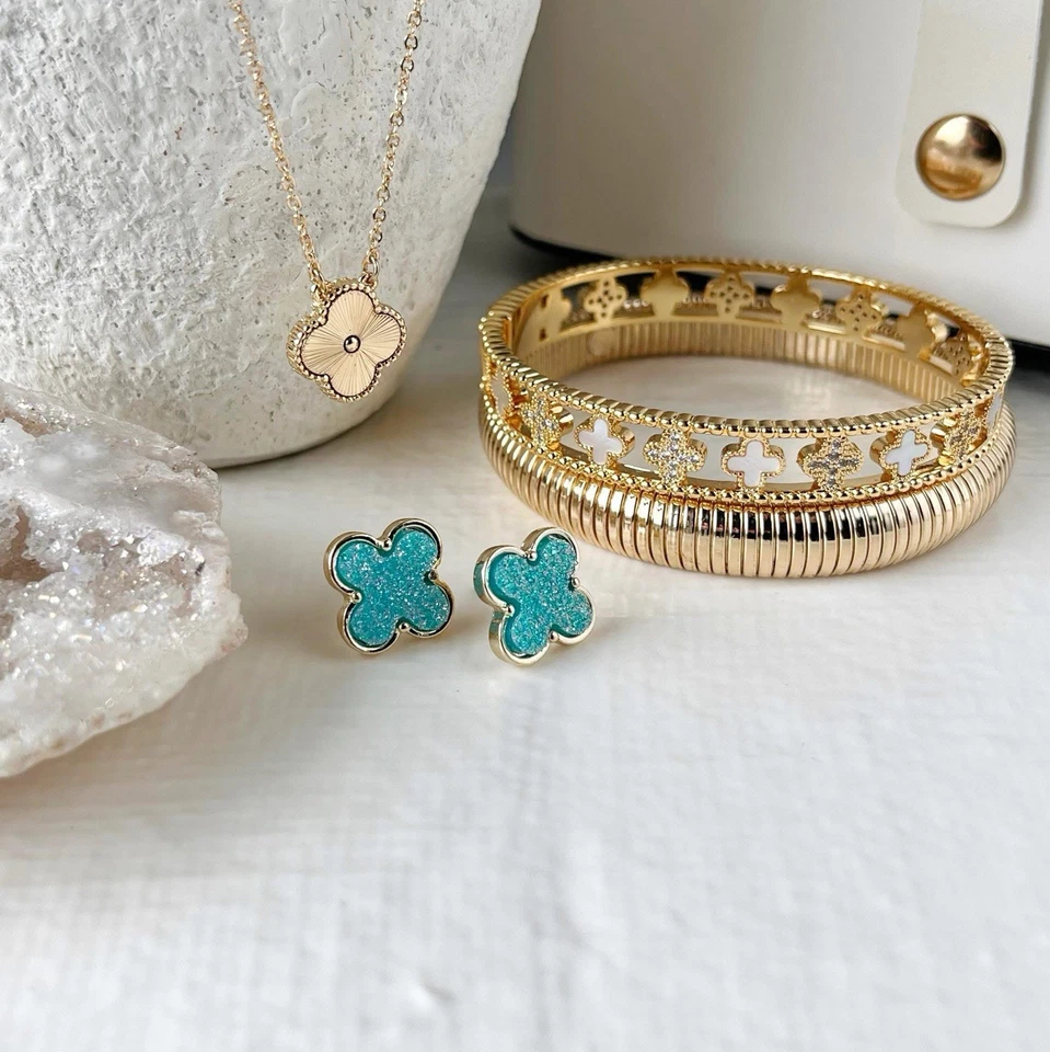 Retired Park Lane  TEAL STARDUST Druzy Earrings Set, Gold Retail $64 - Image 3 of 4