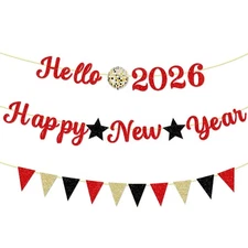 2026 Happy New Year Banner Red Letter Glitter Hello 2026 Banner Party Flag Ba...