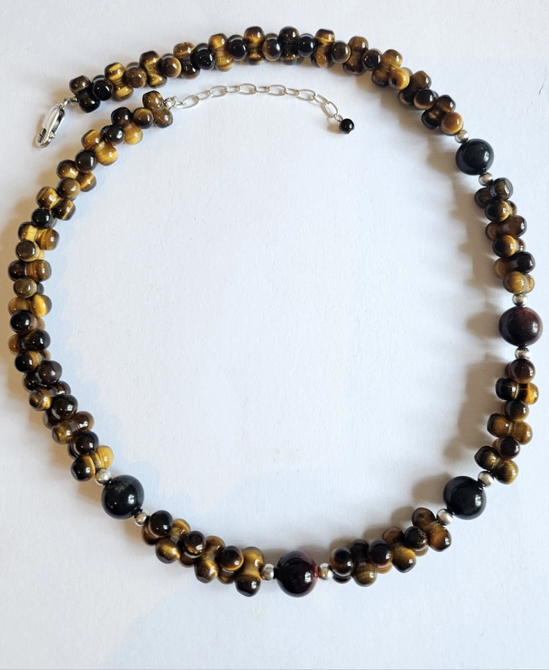 Collana Vintage di Pietra Ochio Del Tigre e Argento Sterling 925 - Immagine 3 di 4