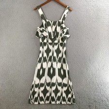 Ann Taylor Loft Dress Women M Sleeveless Fit & Flare Ruffle Midi Ikat Green