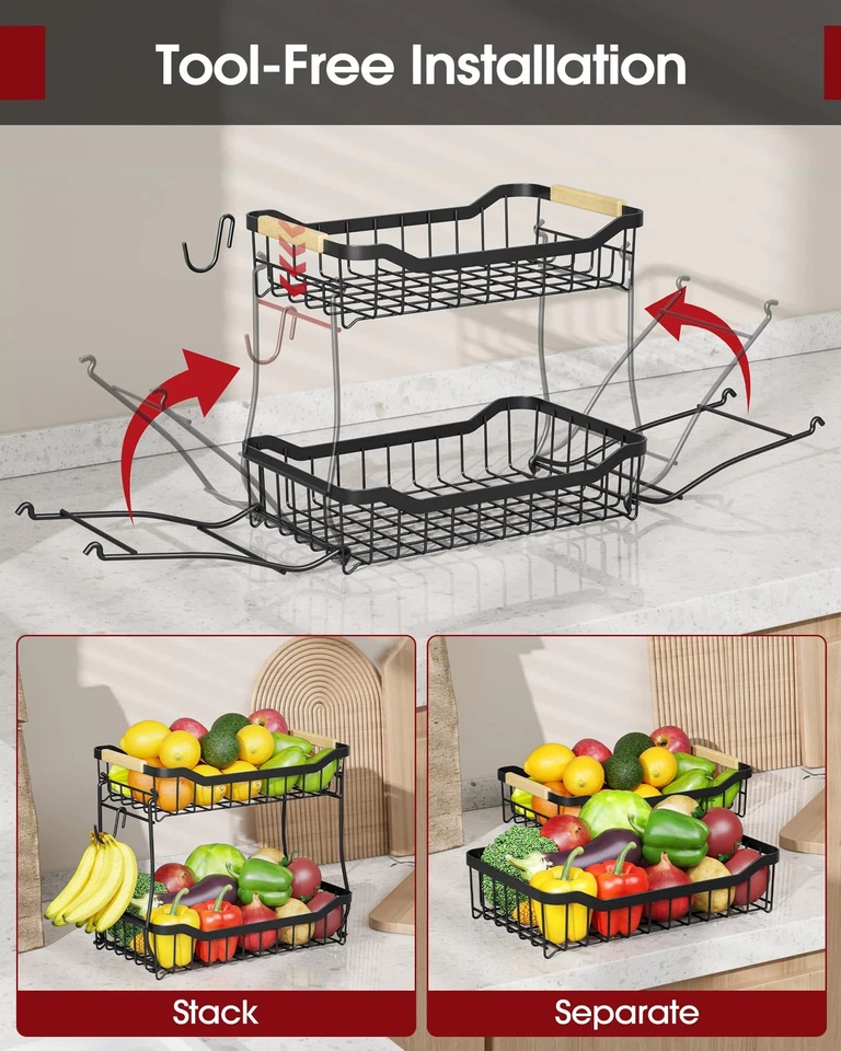 Modern Fruit Vegetable Basket for Kitchen, 2 Tier Metal Stand with Wood Handle - Image 4 of 4