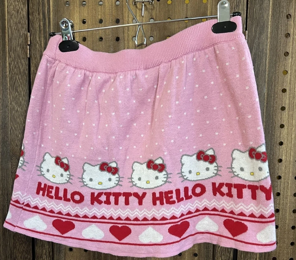 Falda Hello Kitty Niñas L 10/12 Corazones Tejida Rosa Sanrio Kidcore Foto 2 de 4