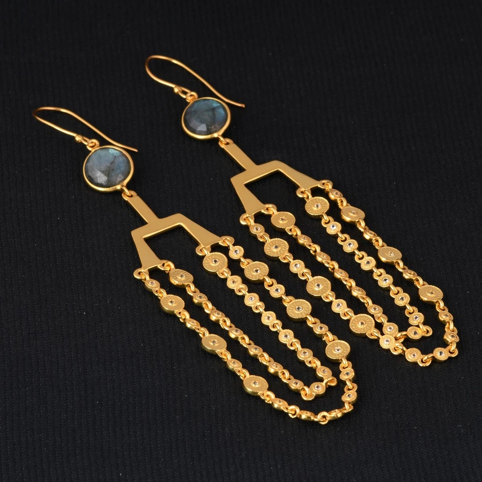 Pendiente araña cadena chapada en oro Gift For Love con labradorita, topacio blanco Foto 2 de 4