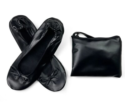Women's Foldable Portable Pumps Ballet Shoes Black Carrier Pouch Bag UK  Seller UK