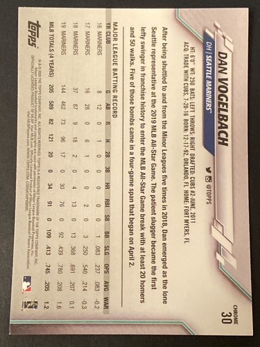 2020 Topps Chrome Baseball Prism #30 Dan Vogelbach Seattle Mariners MLB Card - Picture 2 of 2