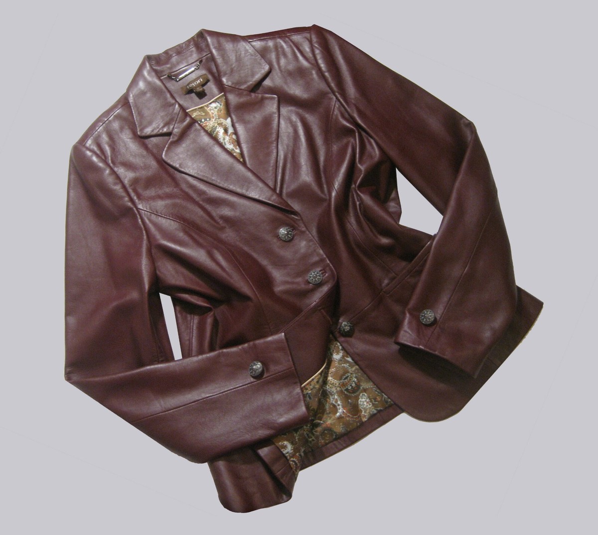 VTG TESORI TAILORED LEATHER JACKET BURGUNDY BRN 3 BUTTON PAISLEY 