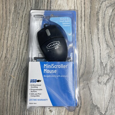 Belkin MiniScroller Mouse -USB PS/2 Adapter- Model F8E841-Black New 
