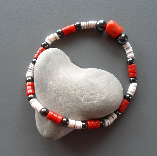 Pulsera nativa americana surfista de coral naranja nácar hematita - Imagen 4 de 7