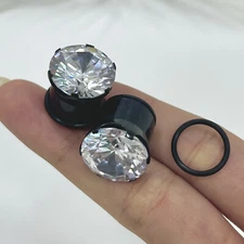 2PCS Crystal Clear CZ Ear Plugs Black Single Flare Tunnels Earlet Gauges O Ring