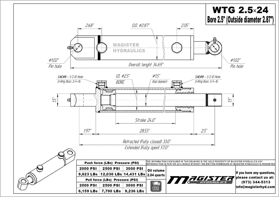 Hydraulic Cylinder Welded Double Acting 2.5" Bore 24" Stroke Tang WTG 2.5x24 NEW - Image 2 of 4