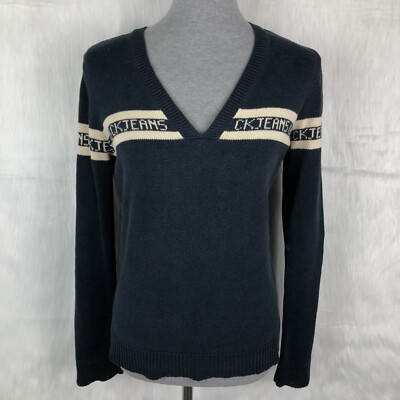 Vintage Calvin Klein Jeans Medium Sweater 90s V Neck Navy Blue 