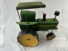 17" Big Antique Tractor Toy Tin Metal Folk Art Farm Yard Decor green yellow vtg