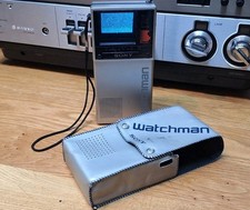 Sony Watchman 1980 s PORTABLE TV FD-20A 2" UHF VHF TELEVISION w/ CASE WORKS