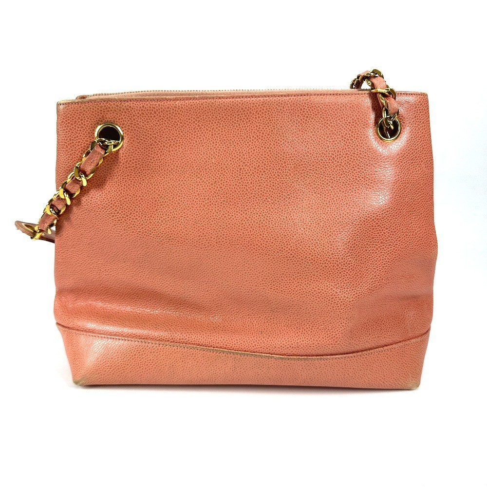 Chanel Vintage Cc Coco W Chain Logo Bag Tote Shoulder Caviar Skin r10_0806