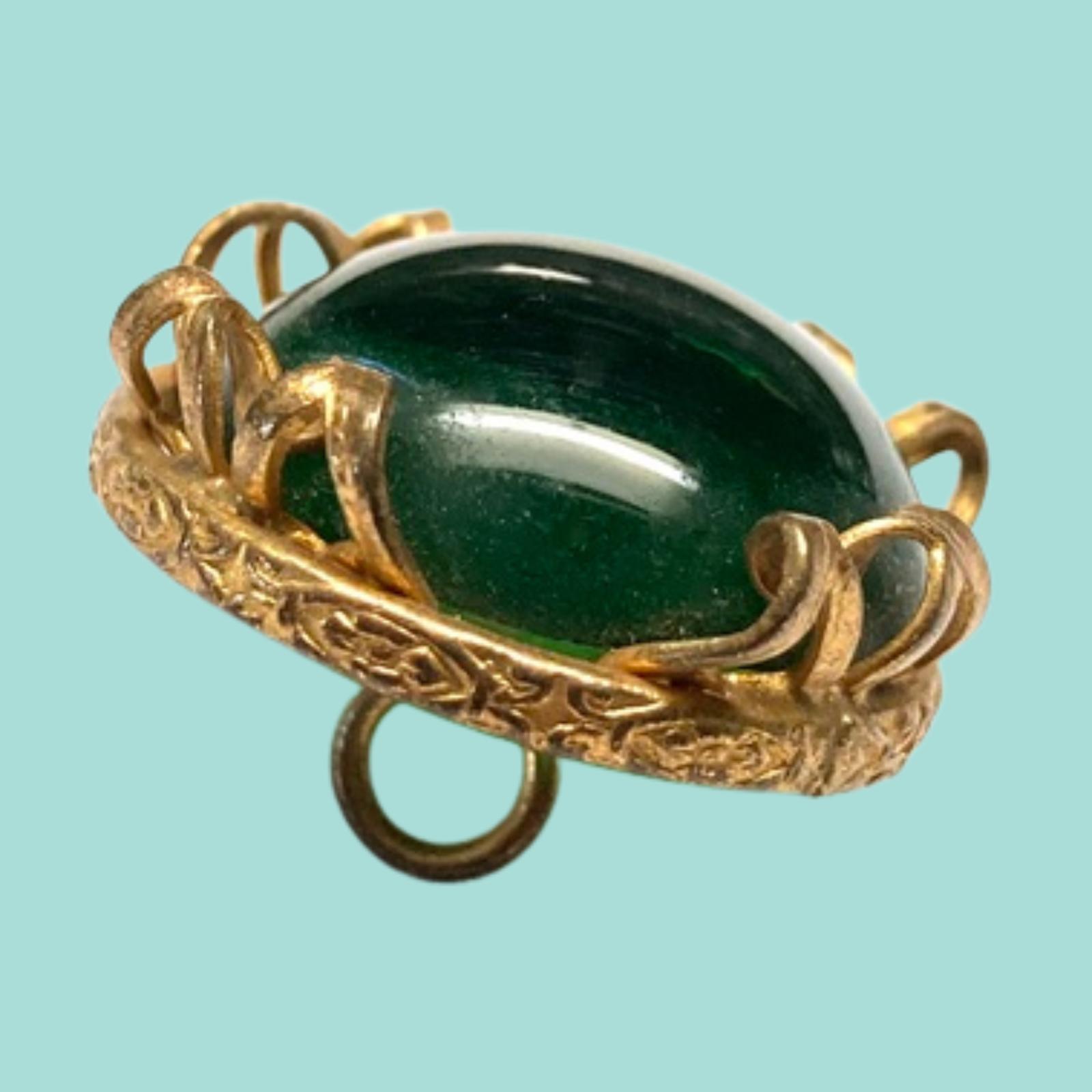 Beautiful Medium Antique Emerald Green Glass Unique and Fancy Gilt Brass Setting