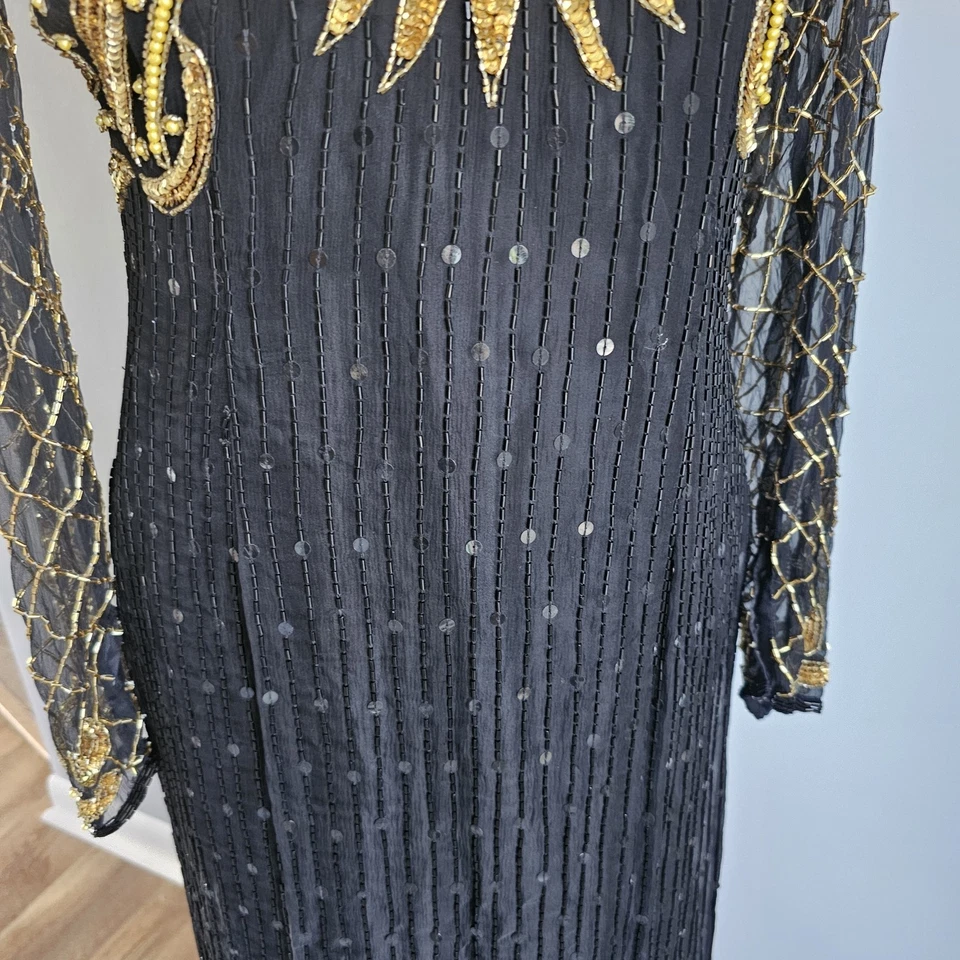 Laurence Kazar Dress Women's M 100% Silk Black Gold Beaded Vintage Gown Art Deco - Image 4 of 4