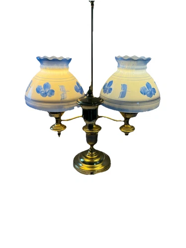 Vintage Student Lamp Shade Milk Glass Blue Floral Hand Painted 8" W 2 Shades